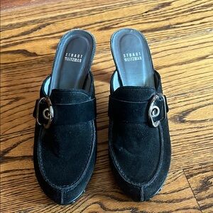 Stuart Weitzman Black Suede Buckle Mules